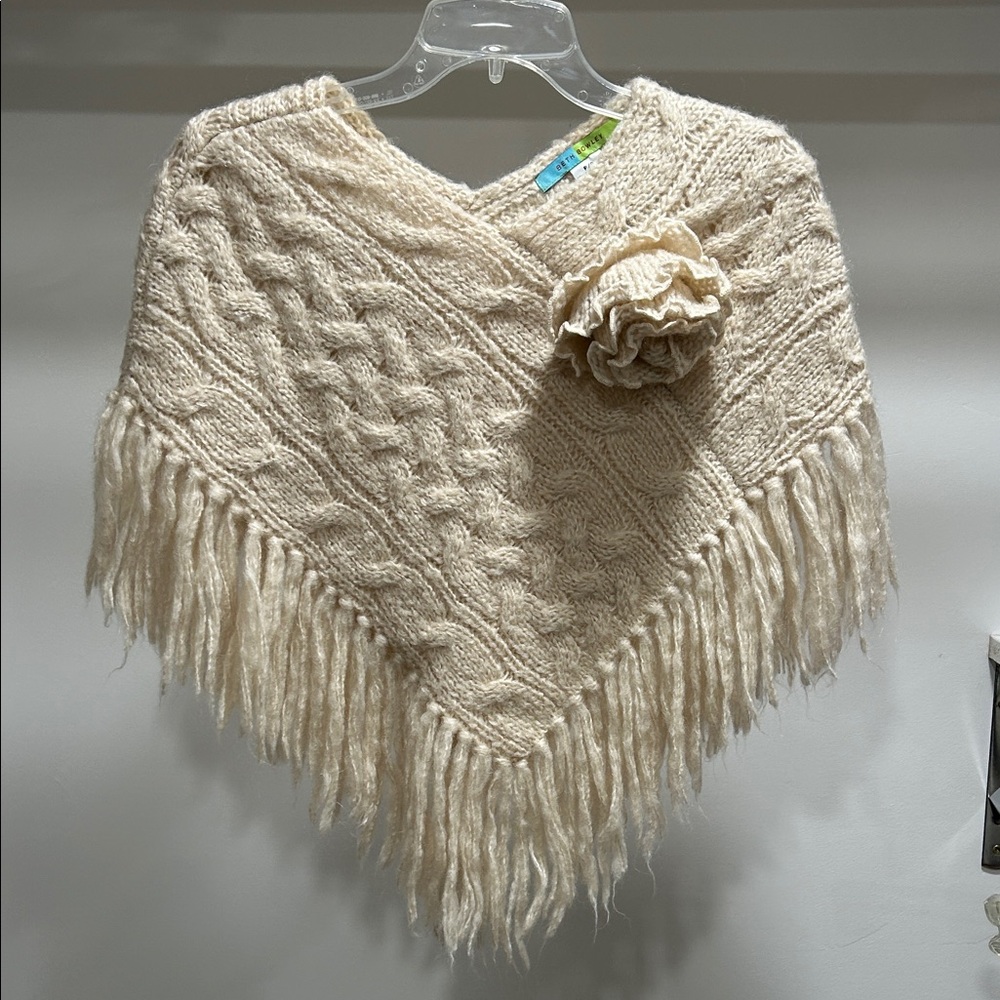 Beth Bowley Cream Knit Poncho with Fringe